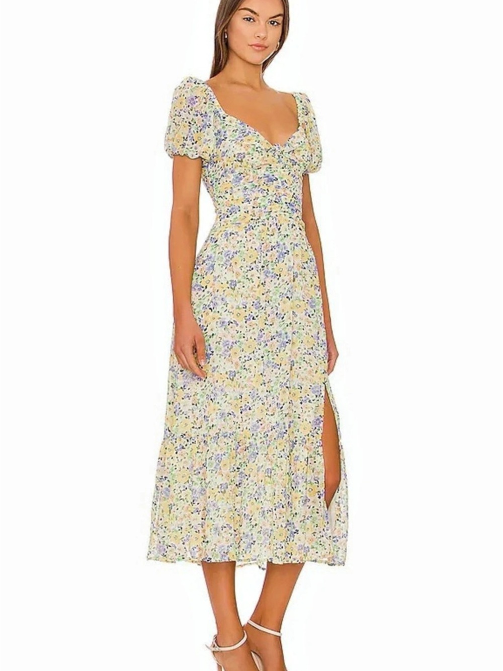 ASTR the Label Irma Floral Puff Sleeve Midi Dress Yellow & Blue